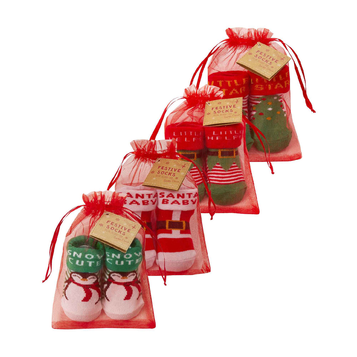 4 Pack Baby Unisex Novelty Christmas Socks in Organza Bag