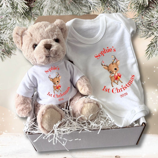 Personalised 1st Christmas Reindeer Baby Gift Box, Teddy, Vest & Keepsake